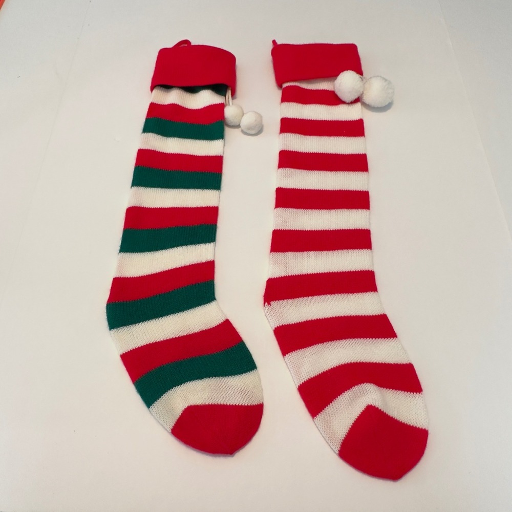 Set of 2 Christmas Stockings Red White Green Stripe Pom Poms Knit Cozy Holiday